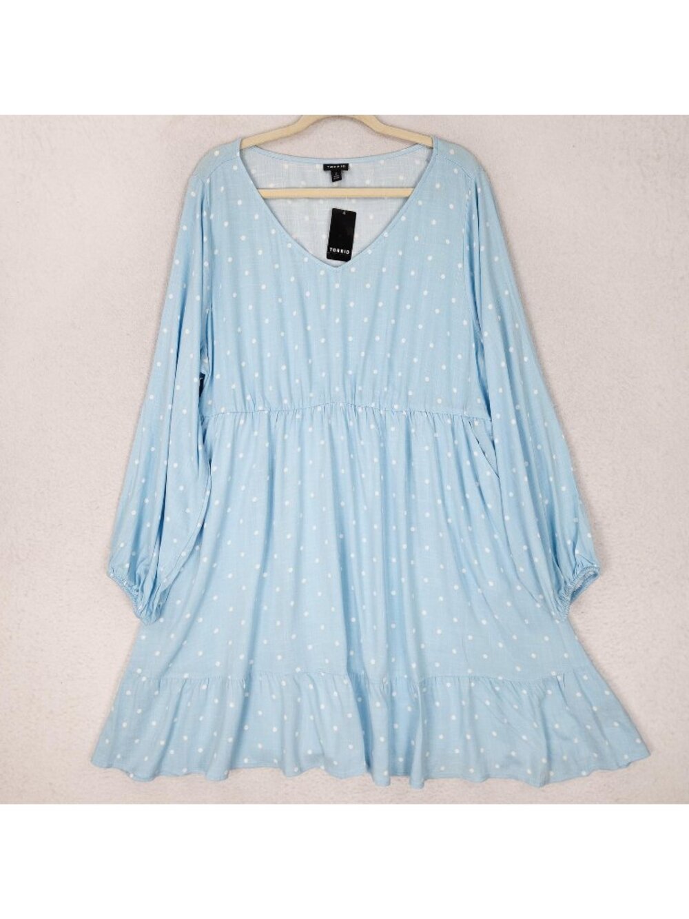 Torrid Dress Womens 2X Blue Polka Dot V Neck Long Sleeve Flare Skater Mini NEW